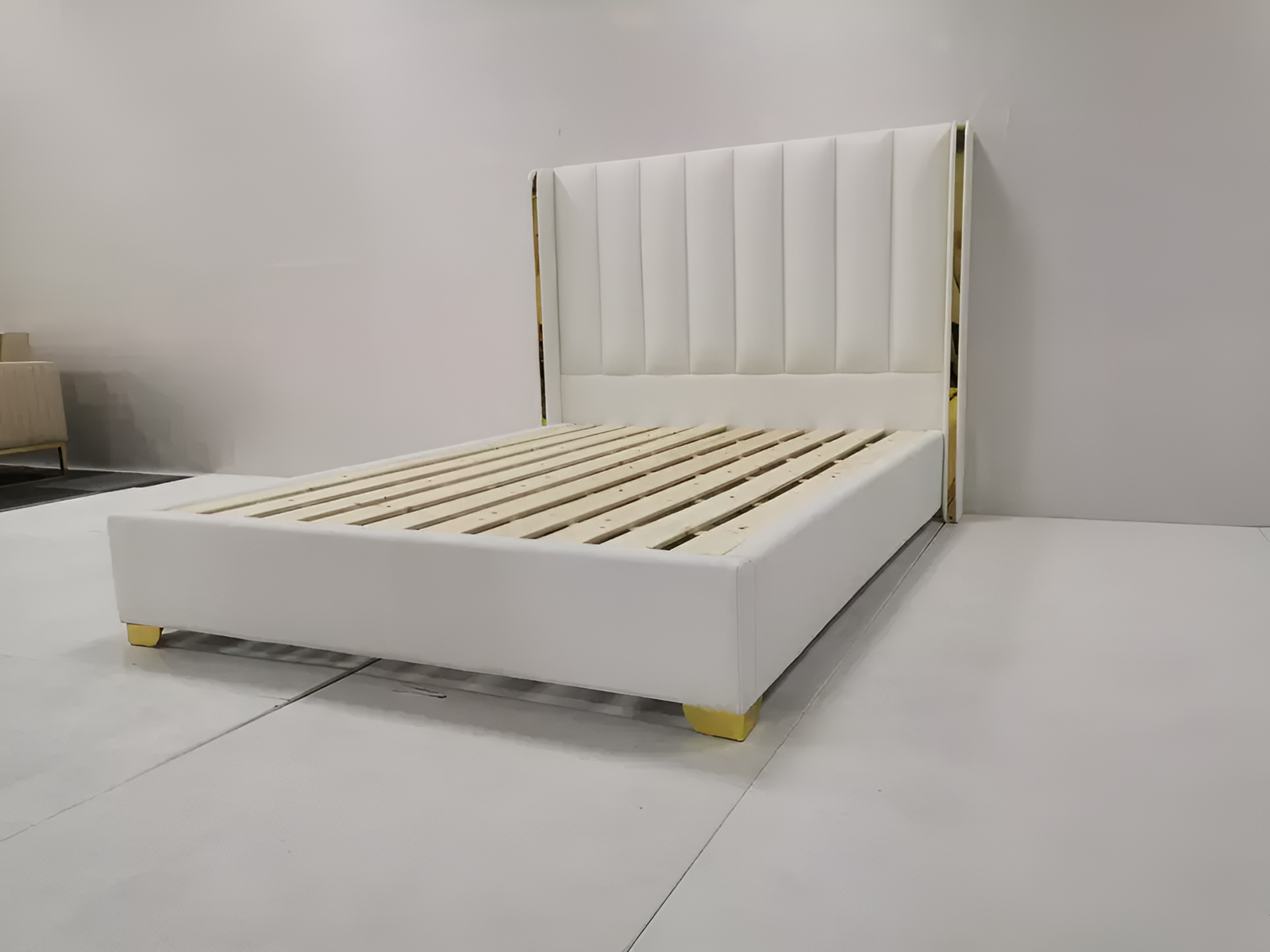 Elevate Your Bedroom Style with the Queen Big Headboard Metal Bed Featuring a Gold Stainless Steel Frame