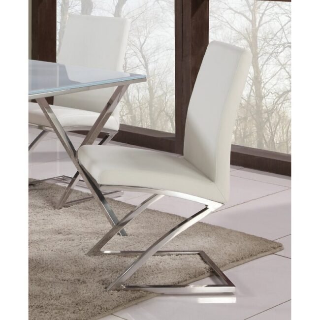 Chintaly Jade Z Frame Contemporary Side Chair, also known as the Jade Z Frame Side Chair. It features a white polyurethane (PU) seat and backrest with a cantilever "Z" frame and legs made of stainless steel. - Image 8