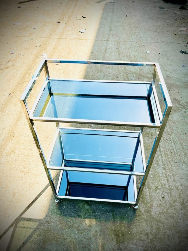 Modern Spacecraft desk | 4 wheels | stainless steel table | 5mm black glass | 30"H inches/ 18"W inches /12"D inches (1f)