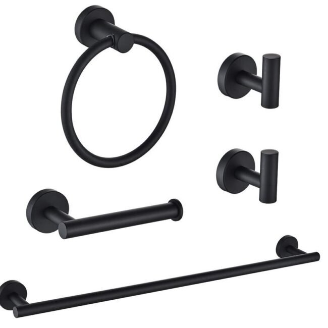 5-piece bath hardware set. it includes a towel bar, towel ring, toilet paper holder, and two towel hooks. these sets are often made of stainless steel with 3 variant a black finish and golden or silver - Image 3