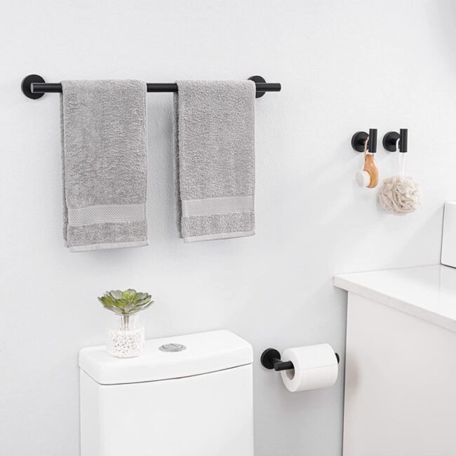 5-piece bath hardware set. it includes a towel bar, towel ring, toilet paper holder, and two towel hooks. these sets are often made of stainless steel with 3 variant a black finish and golden or silver - Image 10
