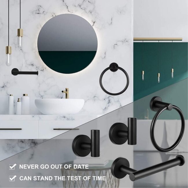 5-piece bath hardware set. it includes a towel bar, towel ring, toilet paper holder, and two towel hooks. these sets are often made of stainless steel with 3 variant a black finish and golden or silver - Image 2