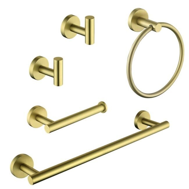 5-piece bath hardware set. it includes a towel bar, towel ring, toilet paper holder, and two towel hooks. these sets are often made of stainless steel with 3 variant a black finish and golden or silver