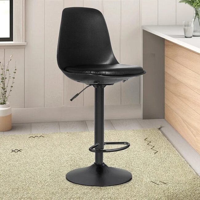 Black Swivel Bar Stool , a black bar stool with a swivel function, likely the ALFORDSON model, known for its gas lift and adjustable height features. Bar stools are designed to be tall and narrow, fitting well with bars and high tables. - Image 8