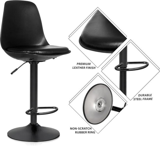 Black Swivel Bar Stool , a black bar stool with a swivel function, likely the ALFORDSON model, known for its gas lift and adjustable height features. Bar stools are designed to be tall and narrow, fitting well with bars and high tables. - Image 7