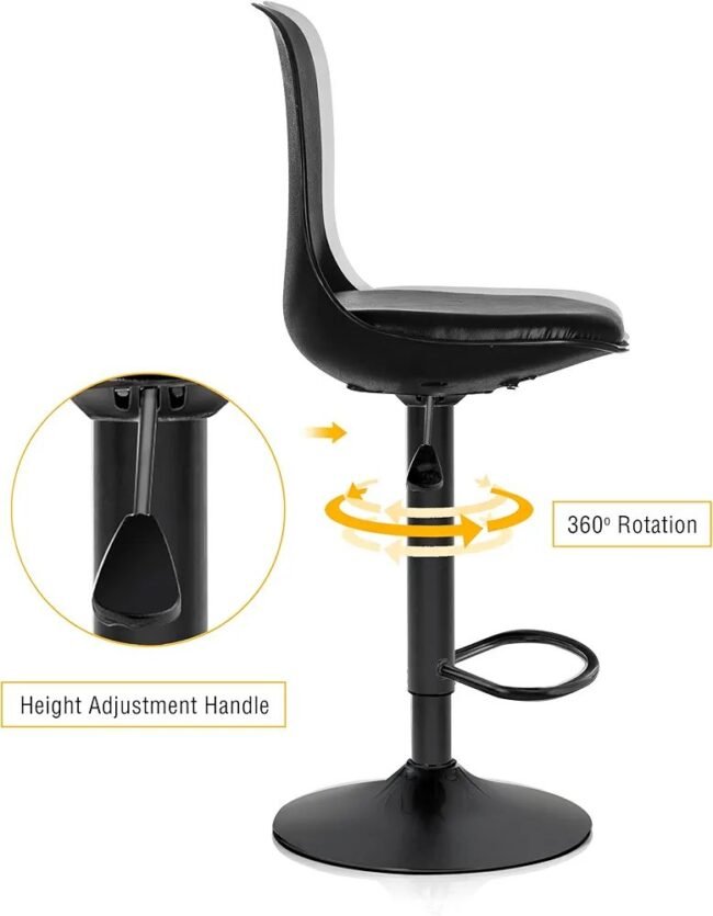 Black Swivel Bar Stool , a black bar stool with a swivel function, likely the ALFORDSON model, known for its gas lift and adjustable height features. Bar stools are designed to be tall and narrow, fitting well with bars and high tables. - Image 3