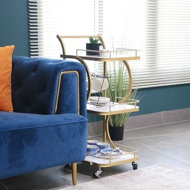 3-Tier Serving Trolley or Bar Cart. It is also described as a kitchen or coffee table trolley with lockable wheels.with 3 variations colour - a full black , black or white, Golden white - Image 5