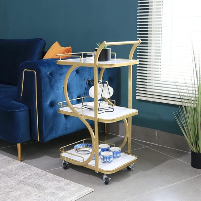3-Tier Serving Trolley or Bar Cart. It is also described as a kitchen or coffee table trolley with lockable wheels.with 3 variations colour - a full black , black or white, Golden white - Image 4