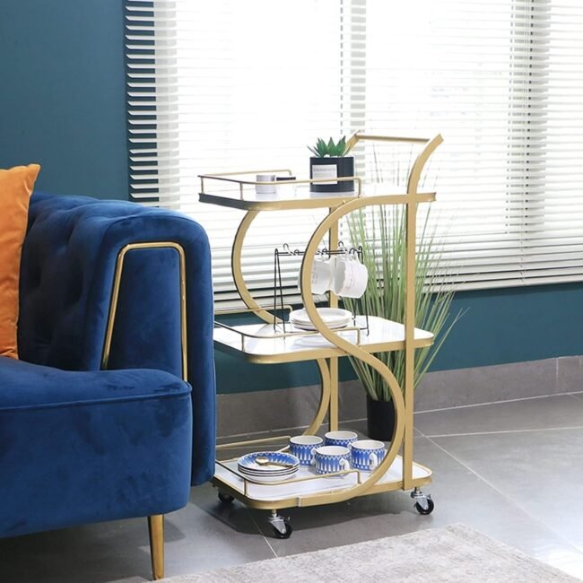 3-Tier Serving Trolley or Bar Cart. It is also described as a kitchen or coffee table trolley with lockable wheels.with 3 variations colour - a full black , black or white, Golden white - Image 8