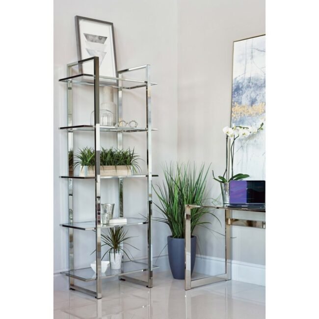 Polished Chrome Metal Finish Shelf Unit with Glass bookcase Shelves - Image 6
