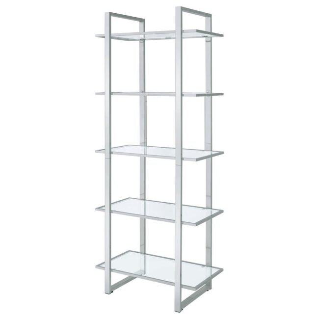 Polished Chrome Metal Finish Shelf Unit with Glass bookcase Shelves
