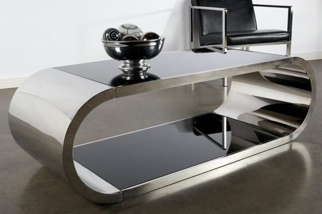 Pia Chrome Coffee Table". It is also described as a "contemporary Zespoke 'Hoop' polished chrome coffee table". living room table