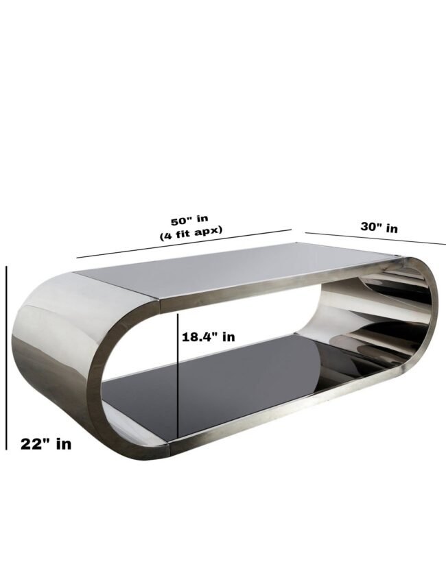 Pia Chrome Coffee Table". It is also described as a "contemporary Zespoke 'Hoop' polished chrome coffee table". living room table - Image 2