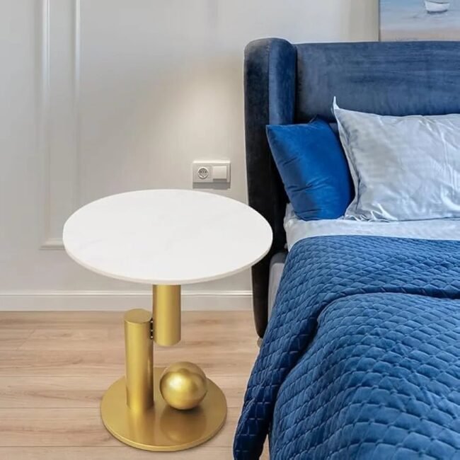 Modern Sculptural Side Table with White Round Top and Gold Geometric Base - Image 3