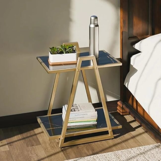 Modern Two-Tier Accent Table with Black Glass Tops and Gold Metal Frame - Image 3