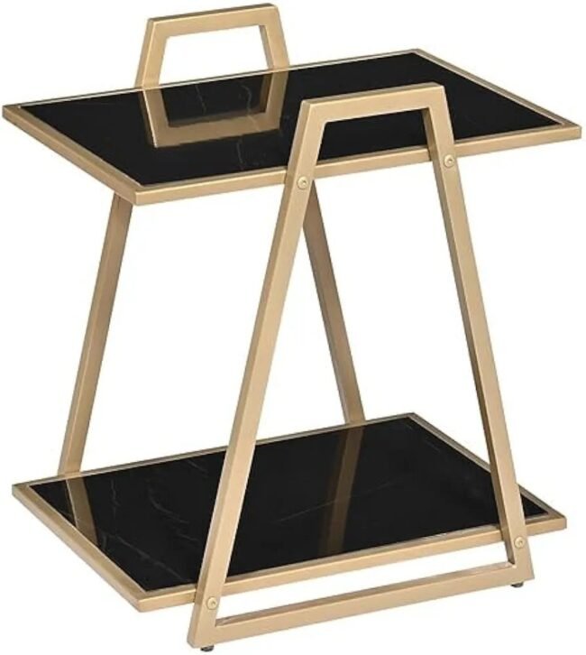 Modern Two-Tier Accent Table with Black Glass Tops and Gold Metal Frame