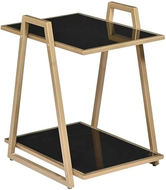 Modern Two-Tier Accent Table with Black Glass Tops and Gold Metal Frame - Image 4