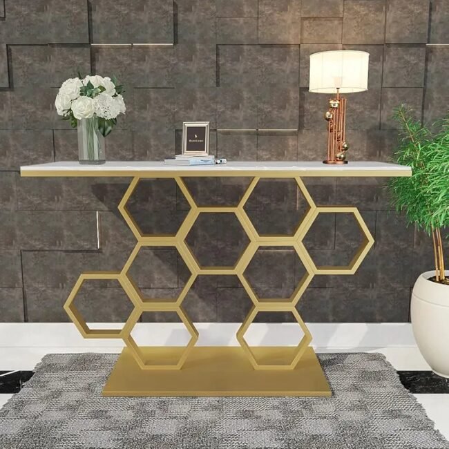 Geometric Honeycomb Console Table with Marble Top Elegant: The Hexagon Harmony Console Table - Image 4