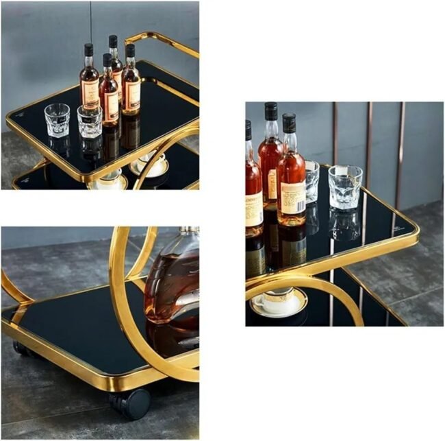 Elegant Gold and Black Tiered Bar Cart with Tempered Glass Shelves - Image 2