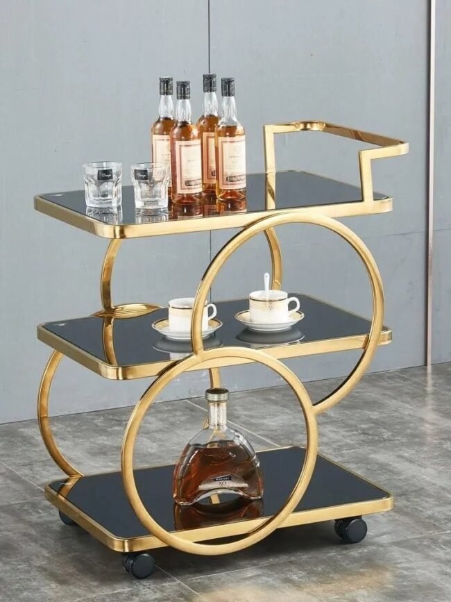 Elegant Gold and Black Tiered Bar Cart with Tempered Glass Shelves - Image 4