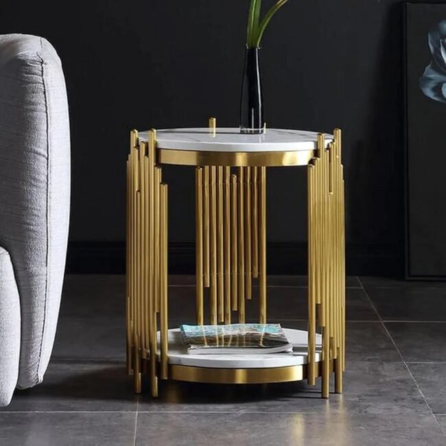 steel luxury  Gold & Marble Round Accent Table with Vertical  Rod Design - Image 3