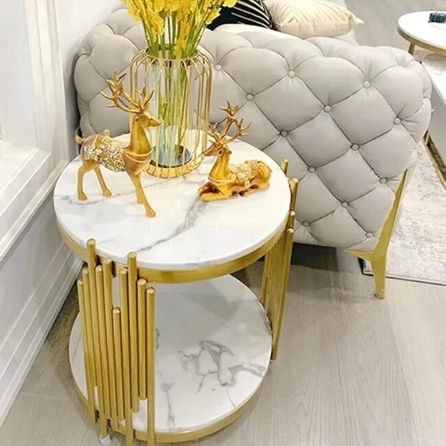 steel luxury  Gold & Marble Round Accent Table with Vertical  Rod Design - Image 2
