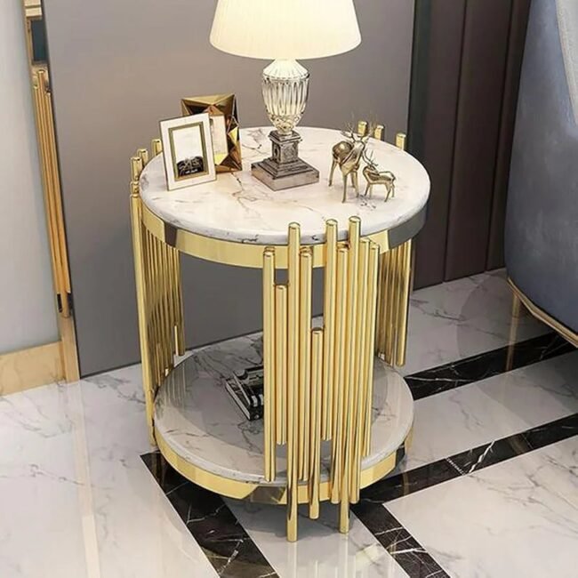 steel luxury  Gold & Marble Round Accent Table with Vertical  Rod Design - Image 4