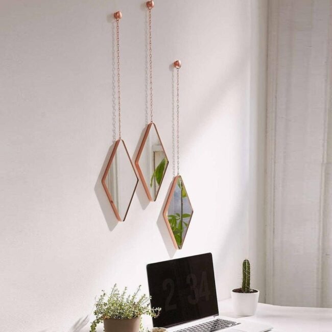 Diamond Hanging Wall Mirrors, Set of 3, Rose Gold/Copper Finish
   * Hanging Wall Mirrors: Clearly states the product type.
   * Set of 3: Indicates the quantity included.
   * Rose Gold/Copper Finish: Accurately reflects the unique color and finish. - Image 6