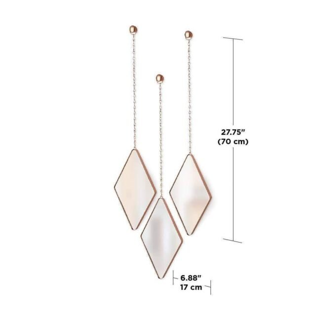 Diamond Hanging Wall Mirrors, Set of 3, Rose Gold/Copper Finish
   * Hanging Wall Mirrors: Clearly states the product type.
   * Set of 3: Indicates the quantity included.
   * Rose Gold/Copper Finish: Accurately reflects the unique color and finish. - Image 4