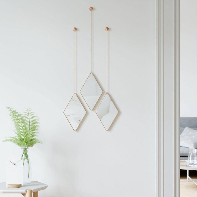 Diamond Hanging Wall Mirrors, Set of 3, Rose Gold/Copper Finish
   * Hanging Wall Mirrors: Clearly states the product type.
   * Set of 3: Indicates the quantity included.
   * Rose Gold/Copper Finish: Accurately reflects the unique color and finish. - Image 5
