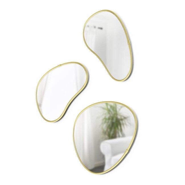 mordan steel bubbles pebble shape Irregular Mirror Set - Decorative Wall Mirrors, Gold Trim, Set of 3 - Image 6