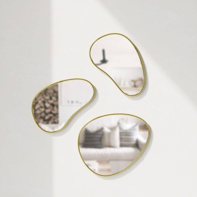 mordan steel bubbles pebble shape Irregular Mirror Set - Decorative Wall Mirrors, Gold Trim, Set of 3 - Image 2
