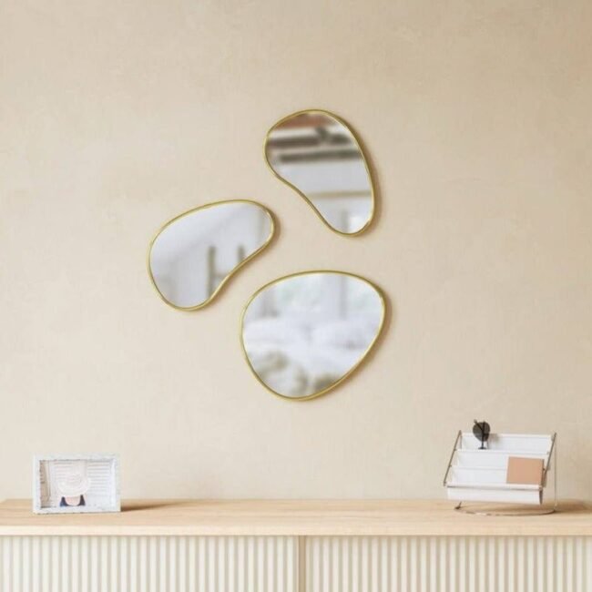 mordan steel bubbles pebble shape Irregular Mirror Set - Decorative Wall Mirrors, Gold Trim, Set of 3 - Image 7