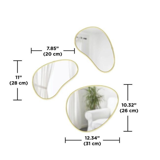 mordan steel bubbles pebble shape Irregular Mirror Set - Decorative Wall Mirrors, Gold Trim, Set of 3 - Image 4