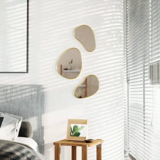 mordan steel bubbles pebble shape Irregular Mirror Set - Decorative Wall Mirrors, Gold Trim, Set of 3