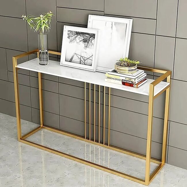 Unique Gold Steel Console Table with White Top | Slim Modern Design for Entryway & Hallway in 2 sizes - Image 2