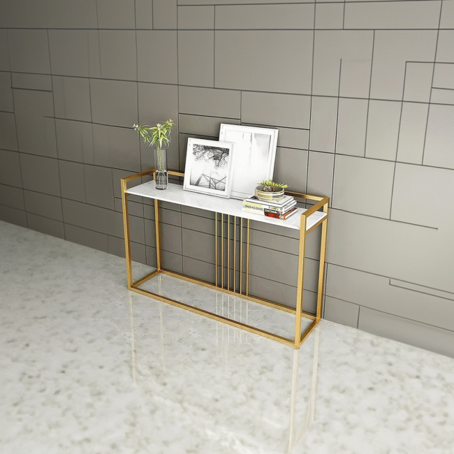 Unique Gold Steel Console Table with White Top | Slim Modern Design for Entryway & Hallway in 2 sizes - Image 4