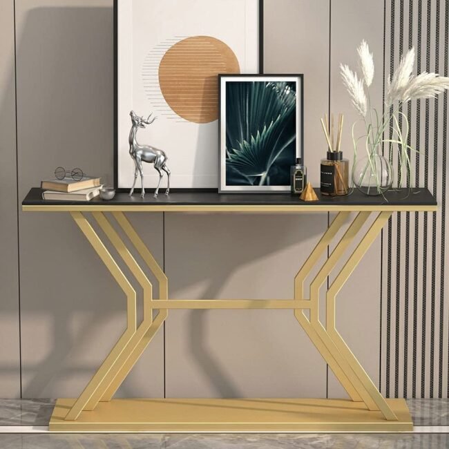 Modern Luxury Gold Steel Console Table with Black Top - Geometric Design Entryway Furniture