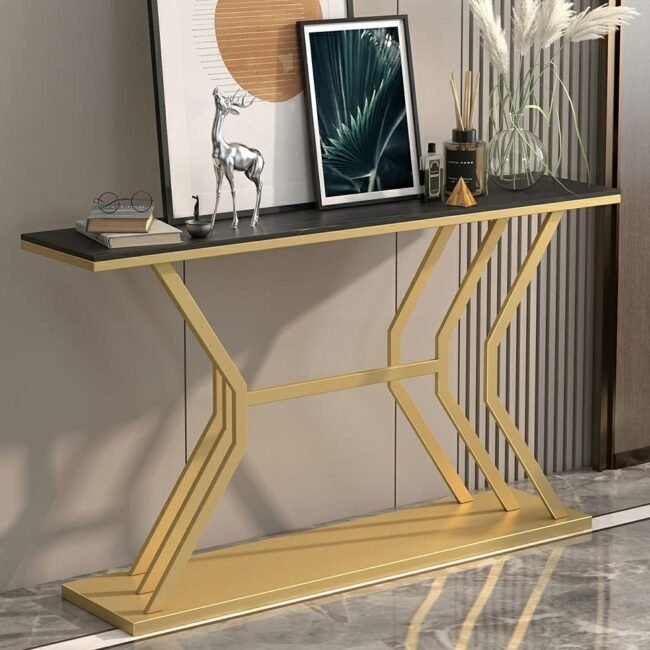 Modern Luxury Gold Steel Console Table with Black Top - Geometric Design Entryway Furniture - Image 3