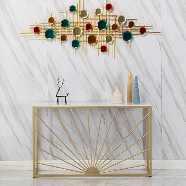 Unique Sunburst Design Gold Steel Console Table - White Marble Finish Top