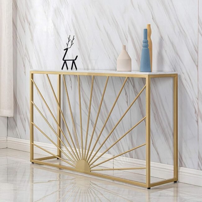 Unique Sunburst Design Gold Steel Console Table - White Marble Finish Top - Image 2