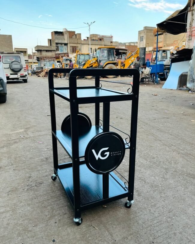black, three-tiered metal utility cart with wheels, designed for portability