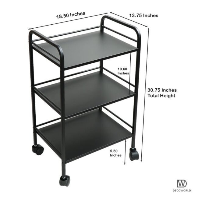 black, three-tiered metal utility cart with wheels, designed for portability - Image 2