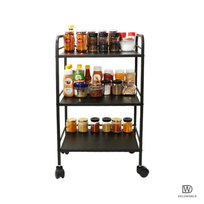 black, three-tiered metal utility cart with wheels, designed for portability - Image 4