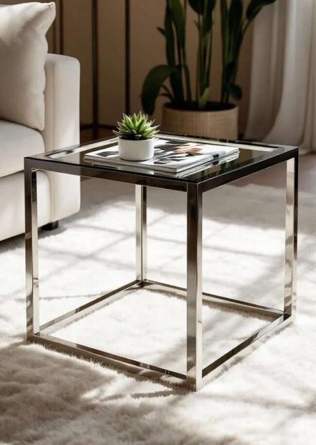 Modern Glass Top Side Table" or "Contemporary End Table with Stainless Steel Frame. - Image 2